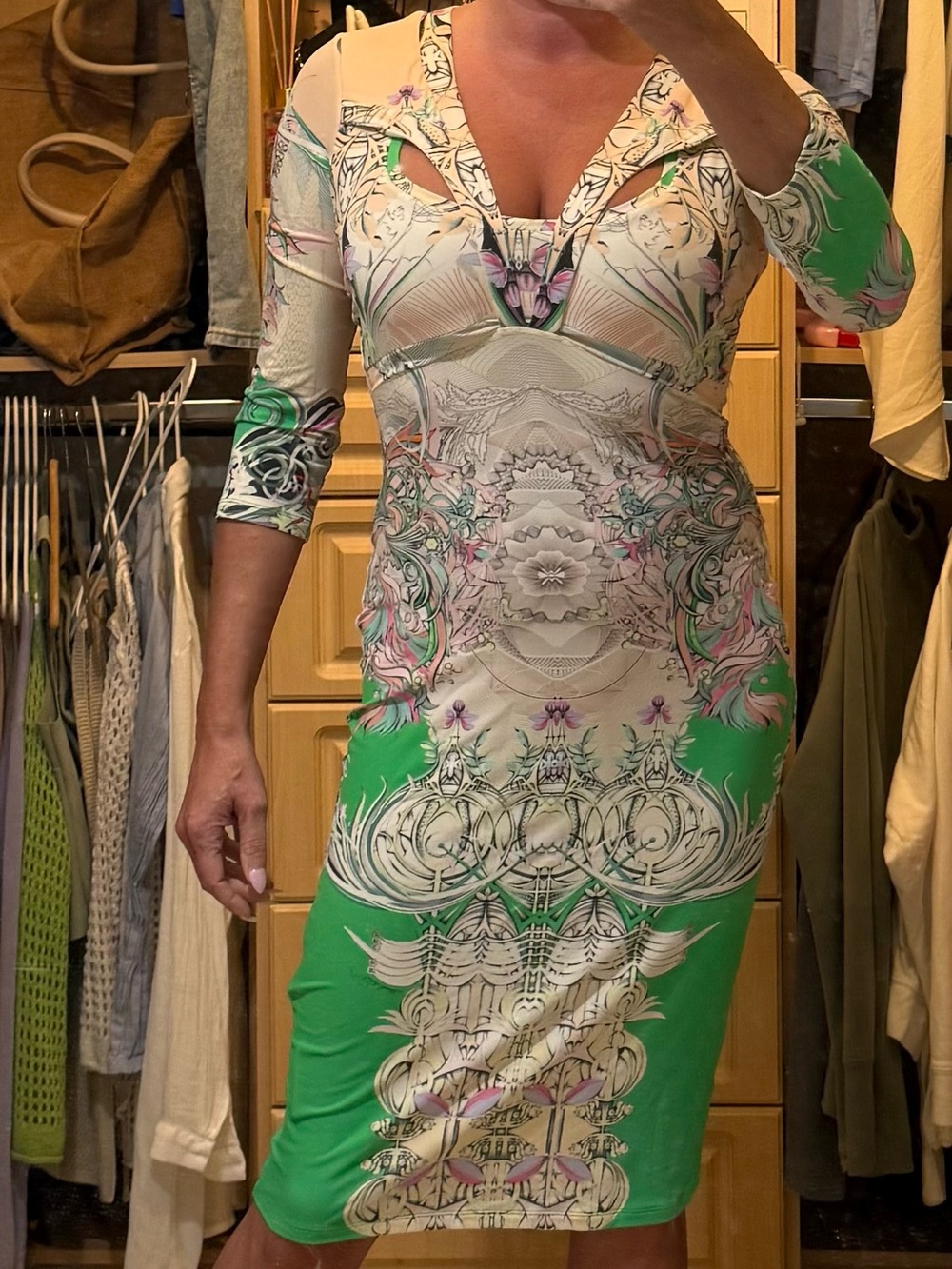 Roberto Cavalli Green 3/4 sleeve bodycon midi dress